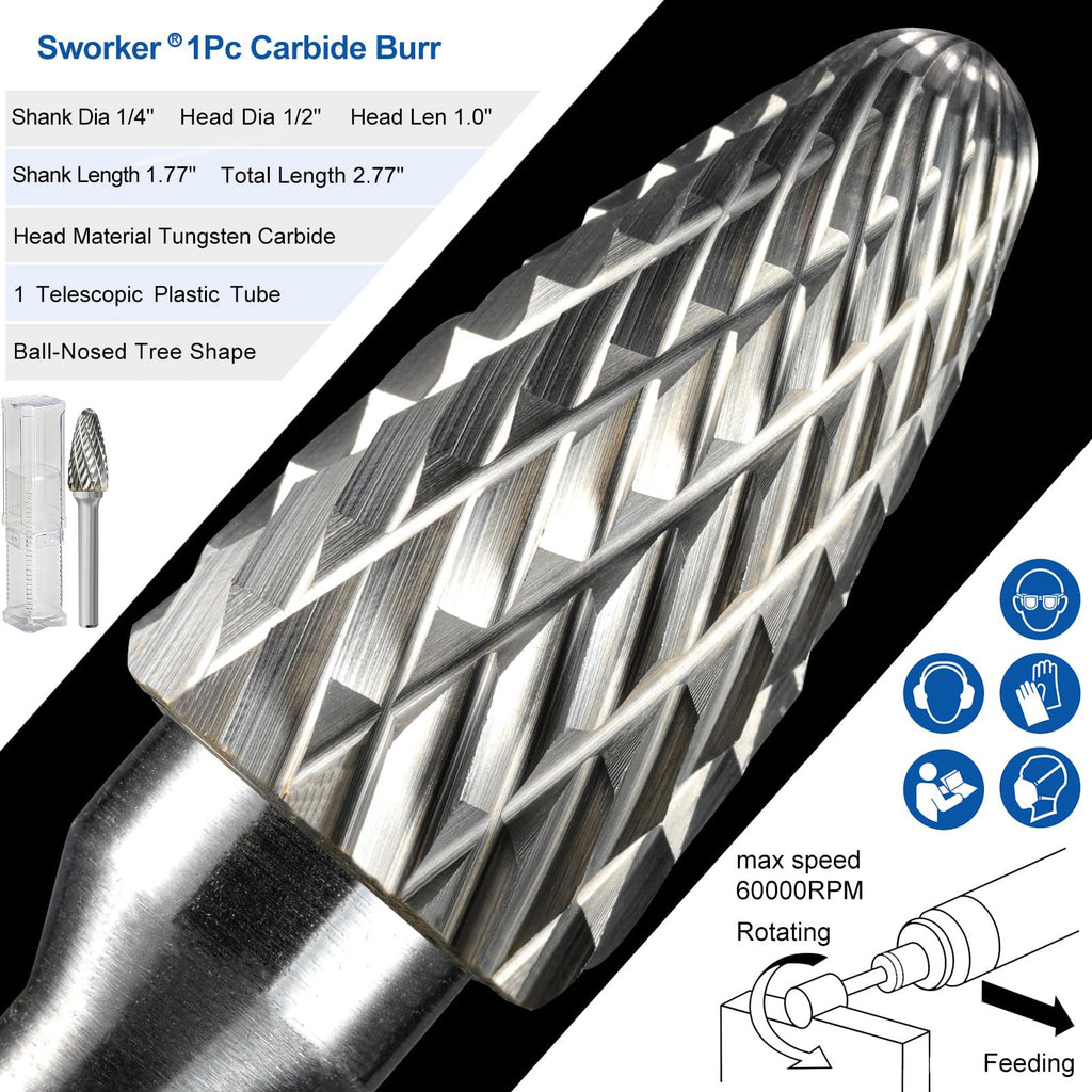 Sworker 1Pc 1/4 Carbide Burr Set 1/4" Shank Head Dia 1/2" Tree-Shape Die Grinder Bits Rotary Tools Attachment Kit Rasp Accessories Metal Wood Stone Steel Grinding Deburring Cutting Porting Carving