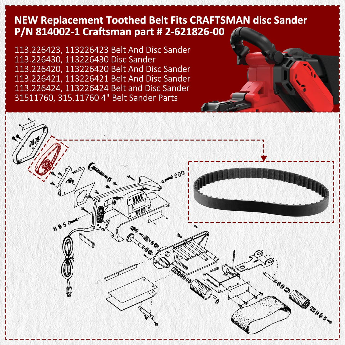 HASMX 315.11720 Timing Belt Replacement Belt for Timing Sears Craftsman Belt Sander 3" Cogged Belt Model 31511720 Replaces Part Numbers 2-622827-00 262282700 622827000 (2-Pack)