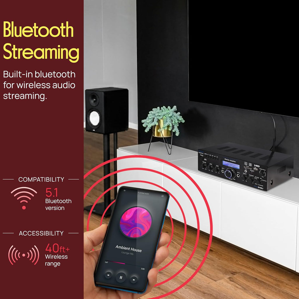 Wireless Bluetooth Home Stereo Amplifier - Multi-Channel 200 Watt Power Amplifier Home Audio Receiver System w/HDMI