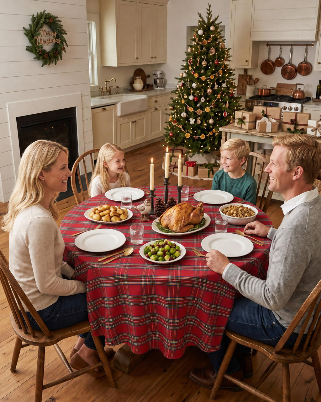 Round Christmas Tablecloth 60 Inch, Farmhouse Buffalo Plaid
