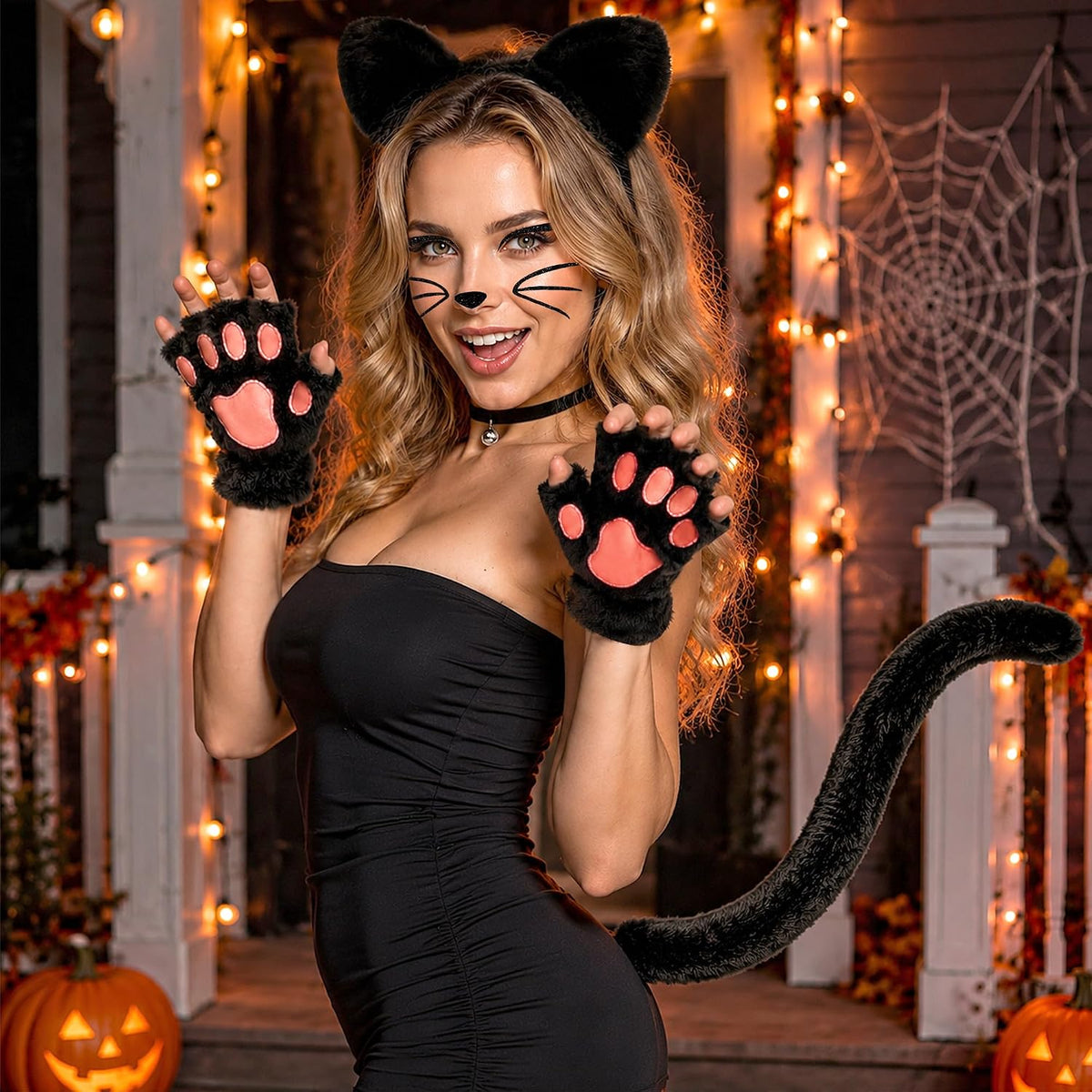 Black Cat Costumes, Cat Ears Headband Tail Paws Gloves Collar Set