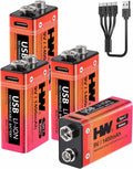 9 Volt Batteries 4 Pack, 1400mAh Rechargeable Lithium Battery 9V with USB C Fast Charging Cable, 1000 Cycles Square
