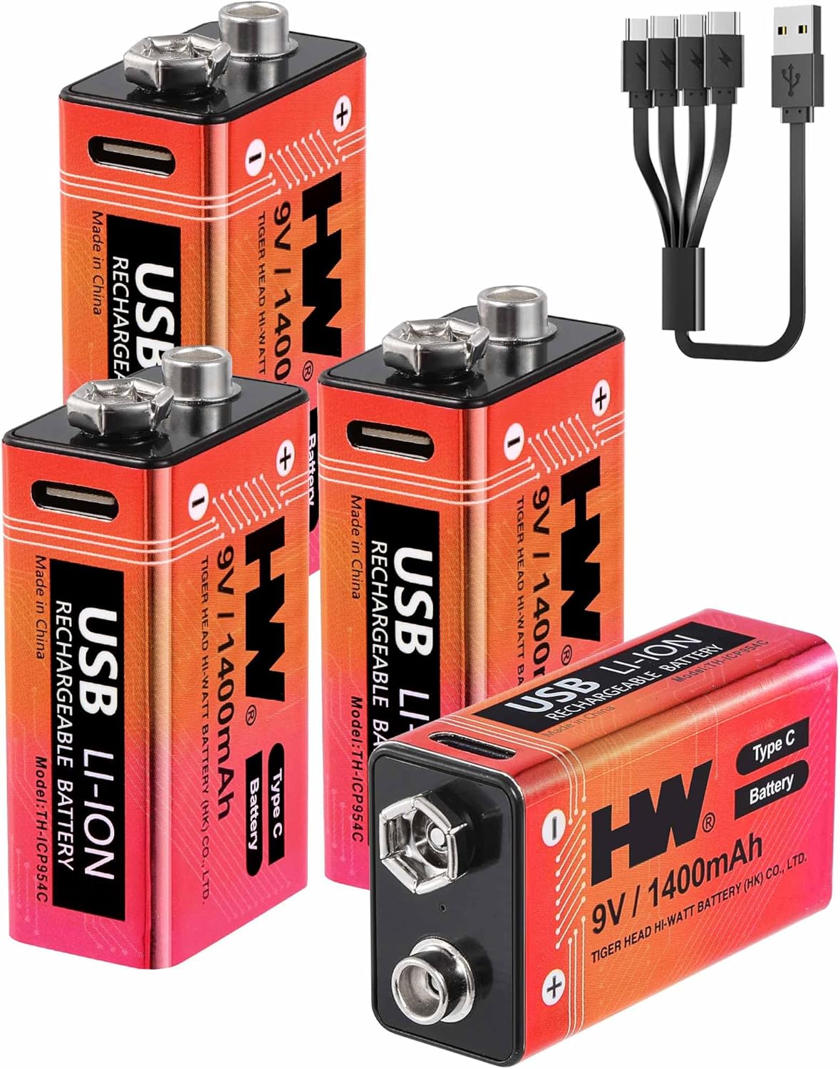 9 Volt Batteries 4 Pack, 1400mAh Rechargeable Lithium Battery 9V with USB C Fast Charging Cable, 1000 Cycles Square