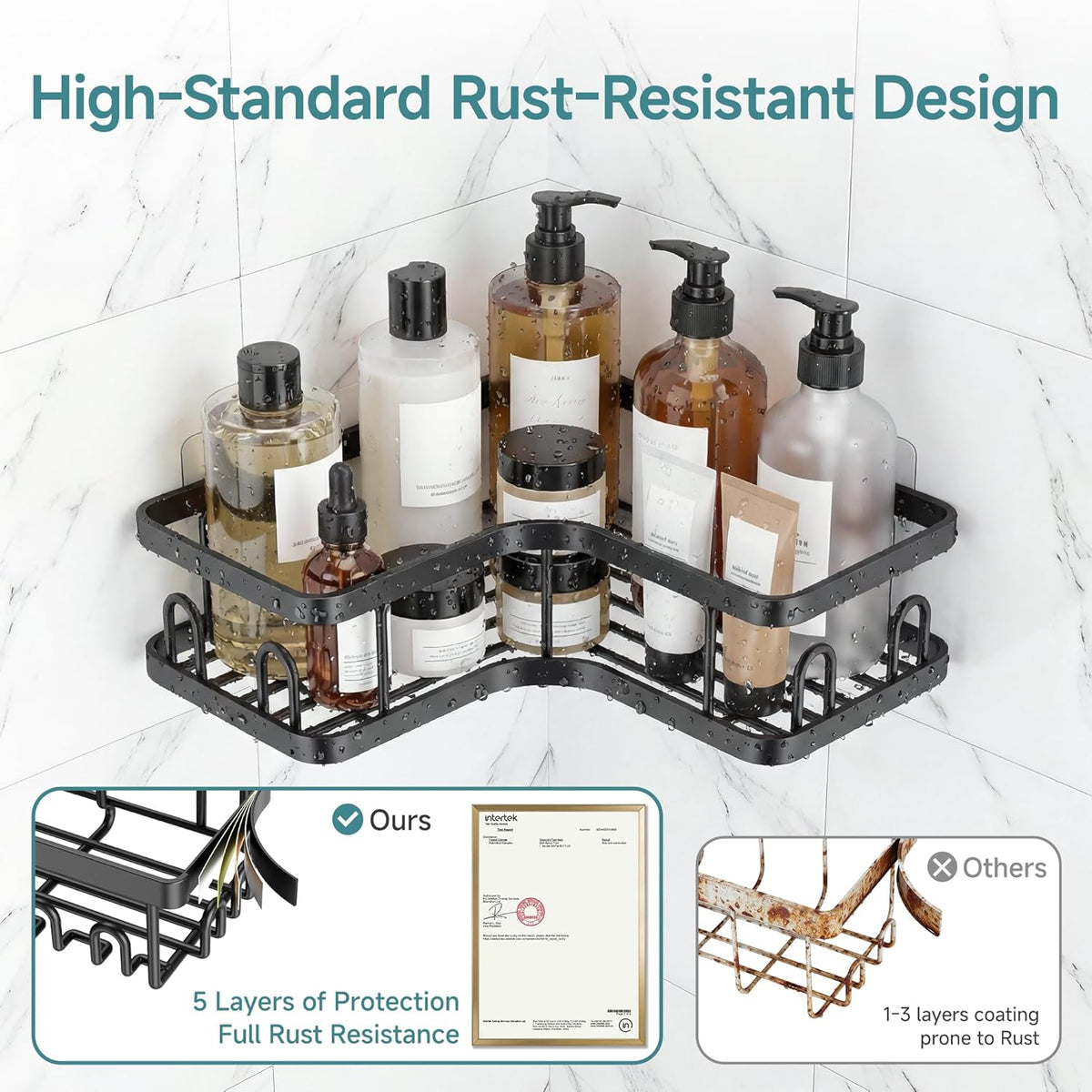 Corner Shower Caddy 3-Pack, Advanced Rustproof Design&Stable Storage | No Drilling Adhesive Shelves, Rack with Soap