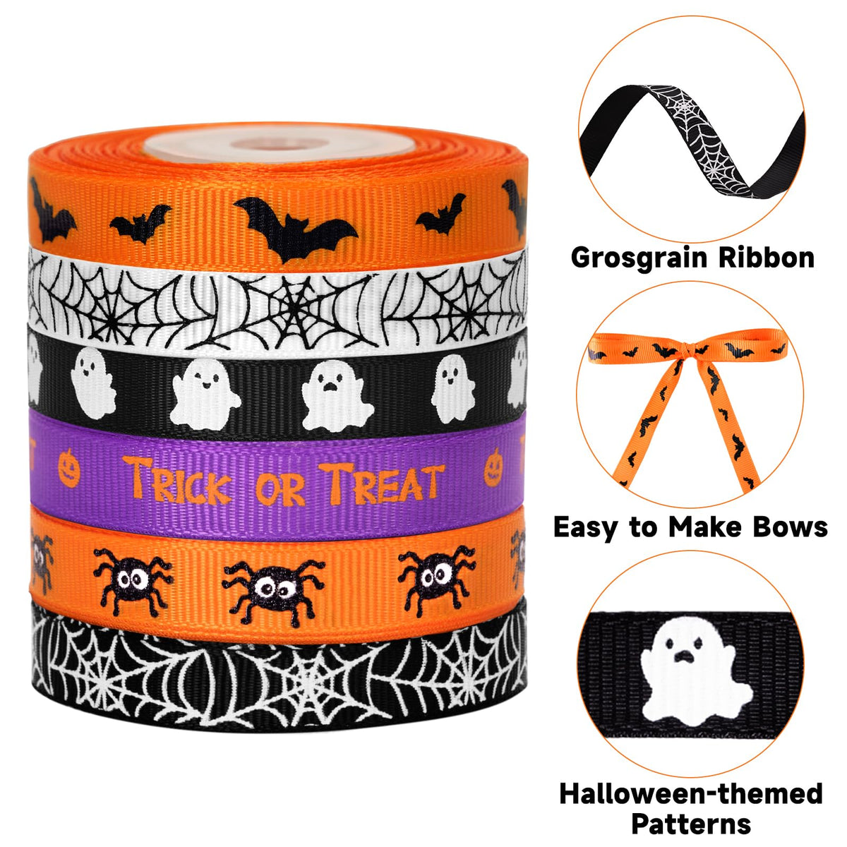 6 Rolls Halloween Ribbon 3/8'' x 60 Yds Black White Orange Purple