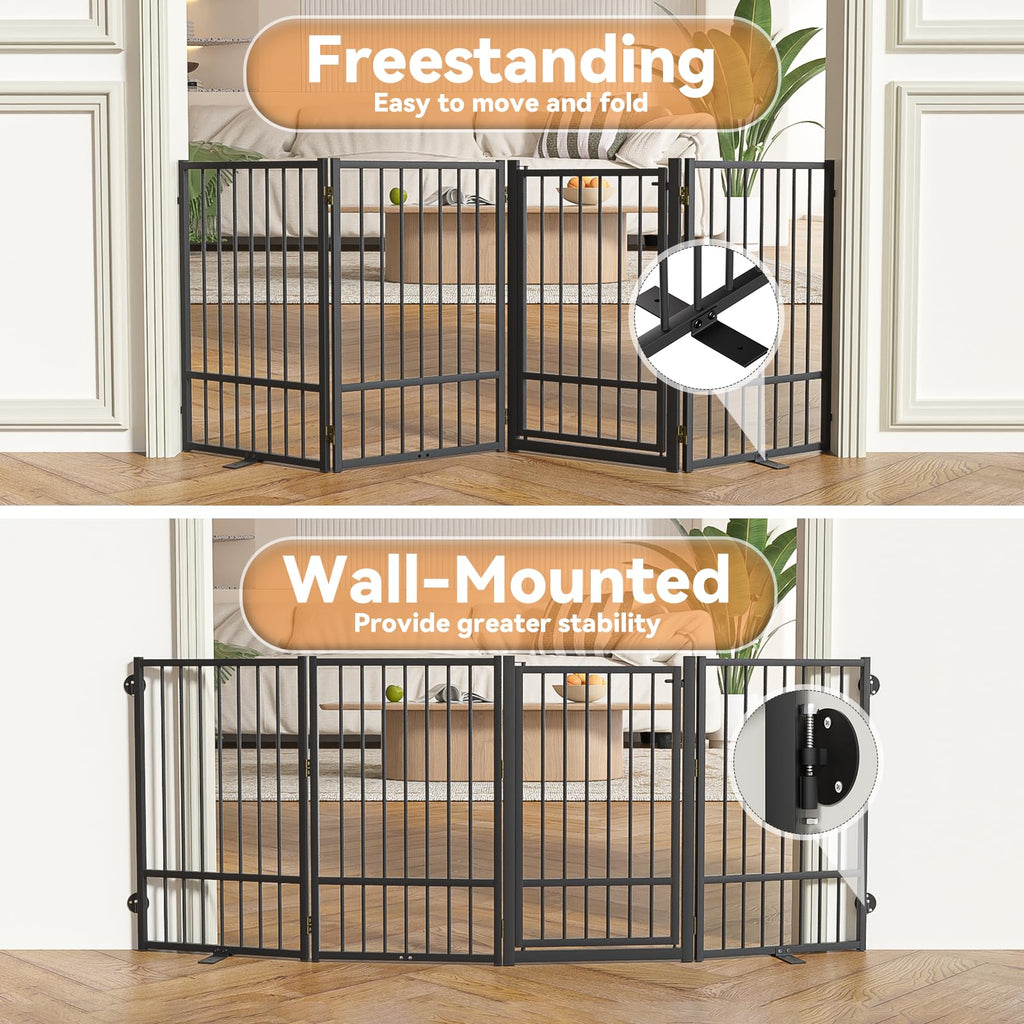 4-Panel Freestanding Heavy-Duty Steel Folding Pet & Dog Barrier Gate with Walk-Through Swing Door for Wide Indoor Openings, Hallways & Stairs