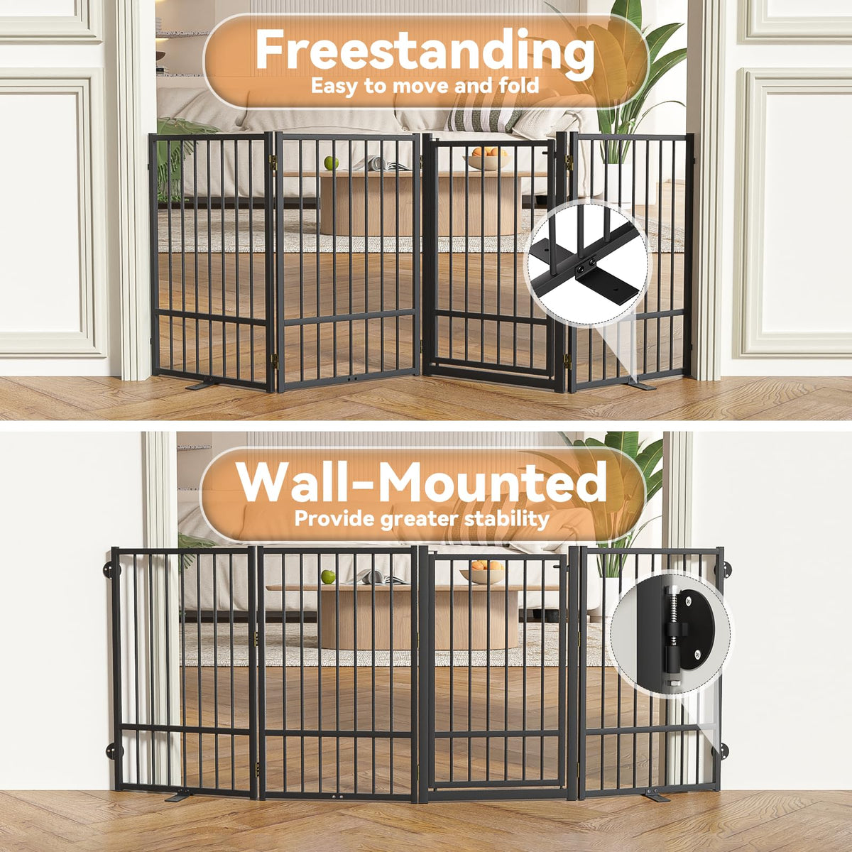 4-Panel Freestanding Heavy-Duty Steel Folding Pet & Dog Barrier Gate with Walk-Through Swing Door for Wide Indoor Openings, Hallways & Stairs