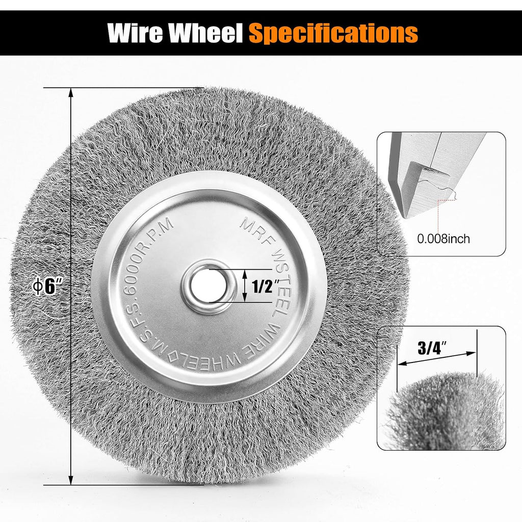 6" Bench Grinder Wheel 60 Grit & Wire Wheel Brush with 1/2" Arbor