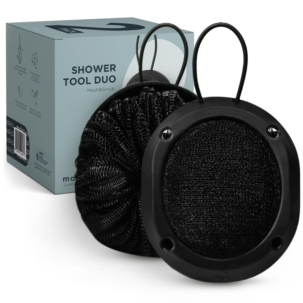 Shower Tool Duo 2-in-1 Shower Loofah Sponge, 2 Pack, Black