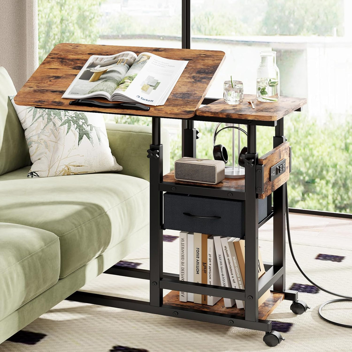 Adjustable Overbed Bedside Table with Wheels, Charging Station