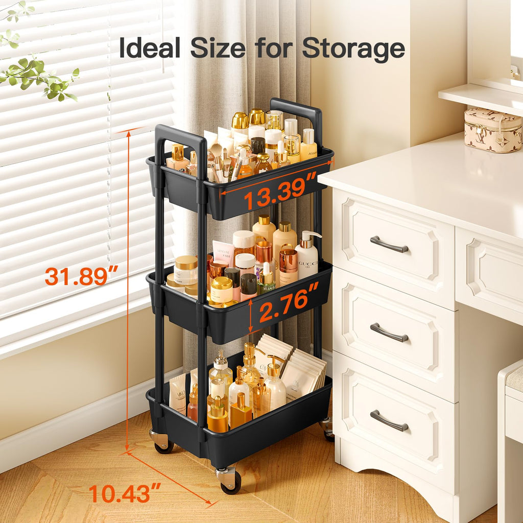 3 Tier Rolling Cart with Handle & Wheels for Storage, Black
