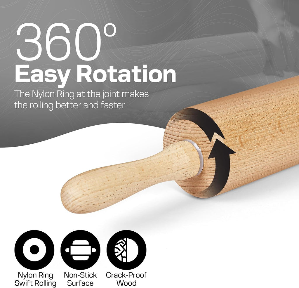 Wooden Rolling Pin, Beech Wood, 17.6" Dough Roller for Baking
