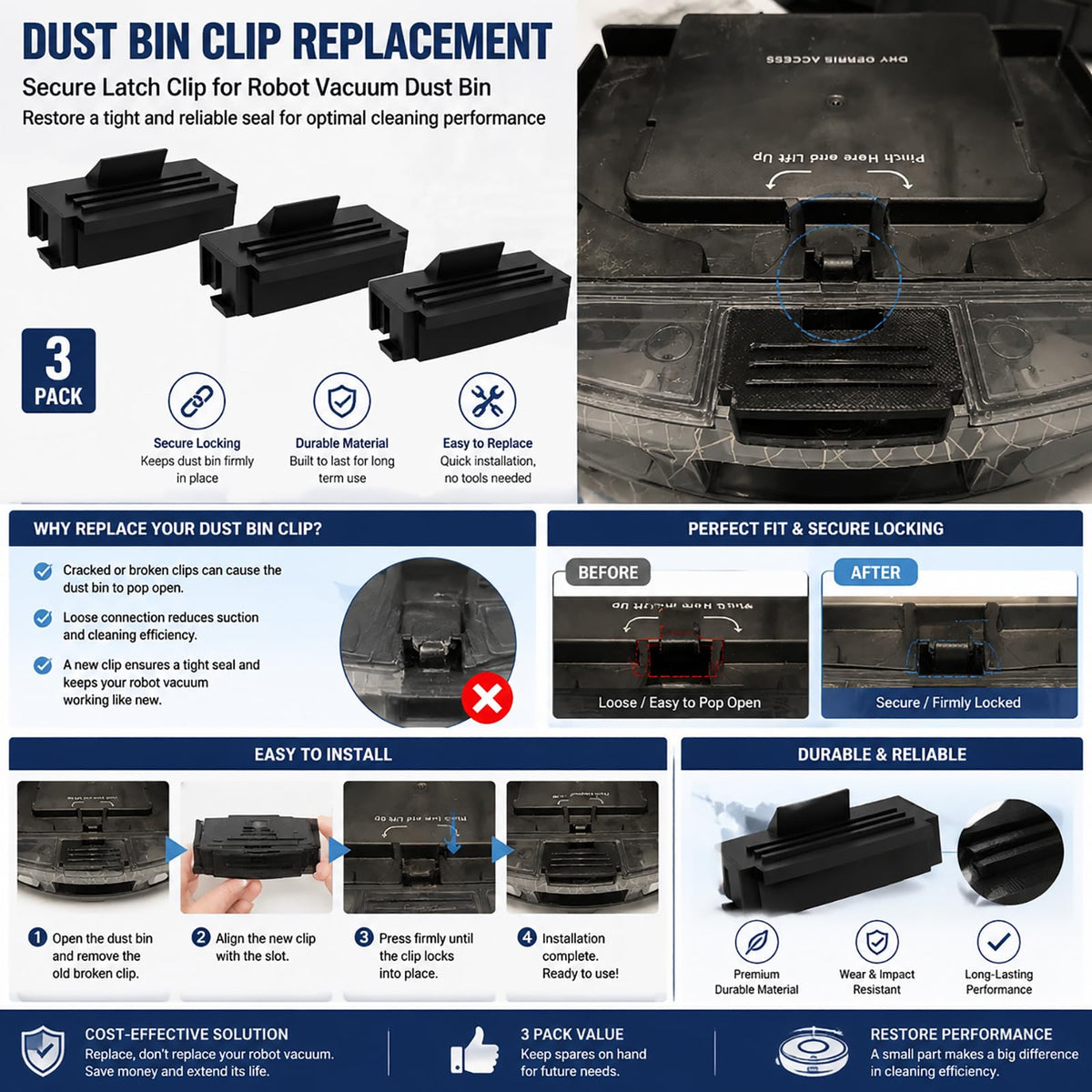Dust Bin Clip Replacement for Shark Matrix Plus Robot Vacuum, Dust Bin Latch Clip, Secure Locking Vacuum Bin Connector(3-pack)