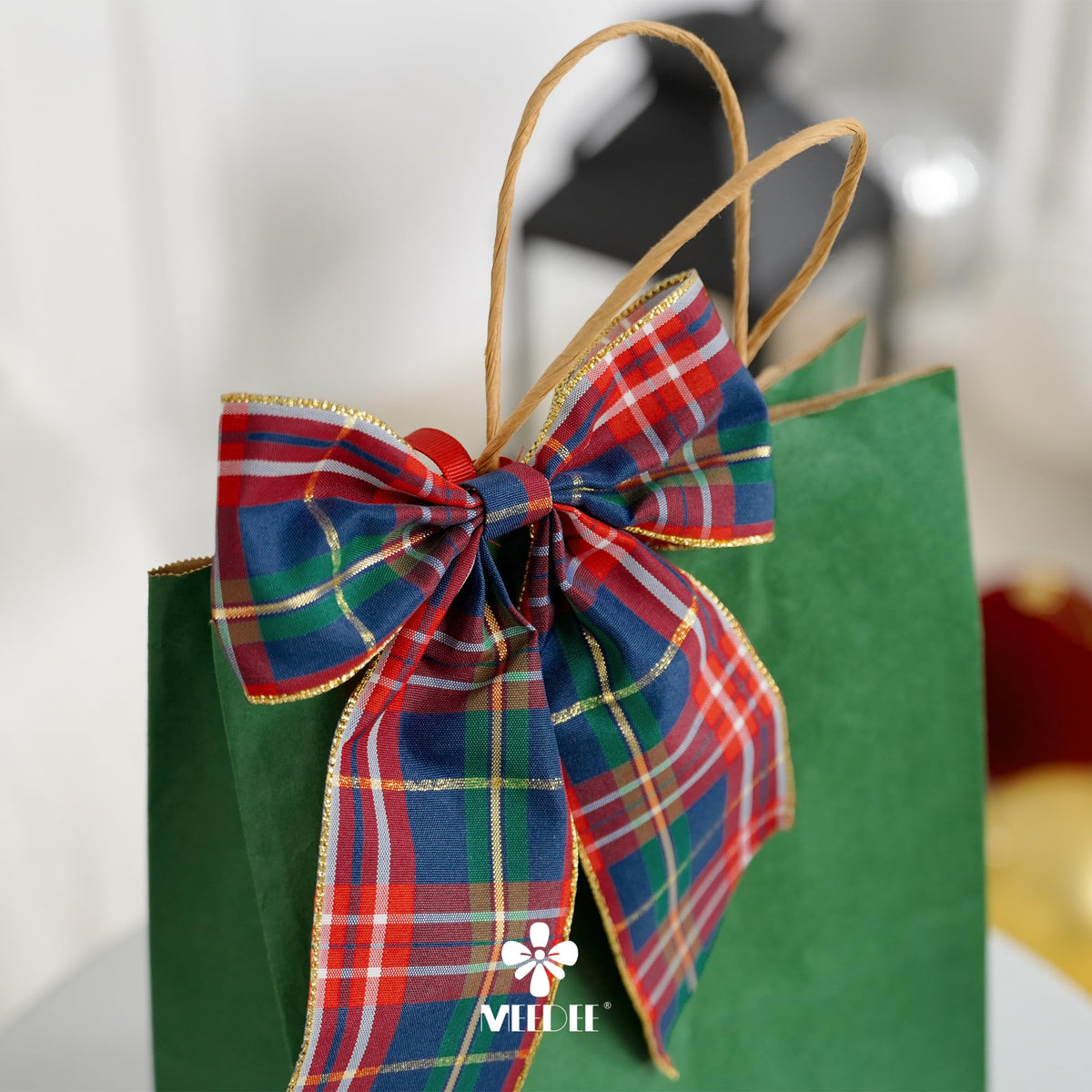 Tartan Plaid Wired Ribbon 2-1/2" Wide with 25 Yards Red Crimson & Navy Blue Scottish Plaid with Metallic Threads