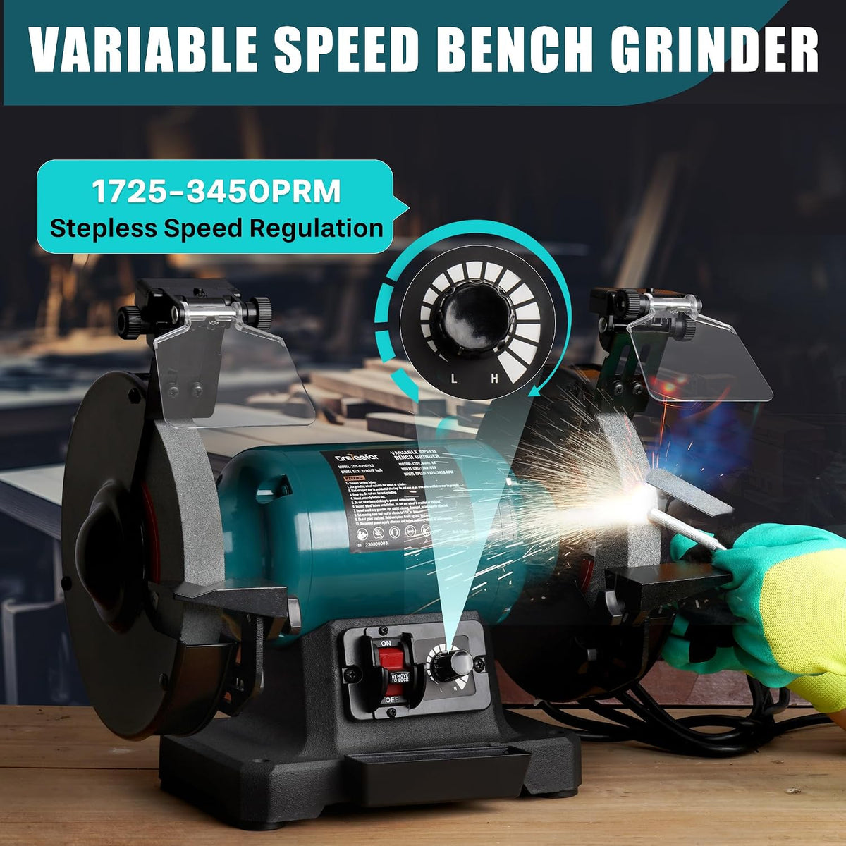 6-Inch Variable Speed Bench Grinder with Grinding Wheel Dresser, 1725–3450 RPM 2.5 Amp Brushless Induction Motor, LED