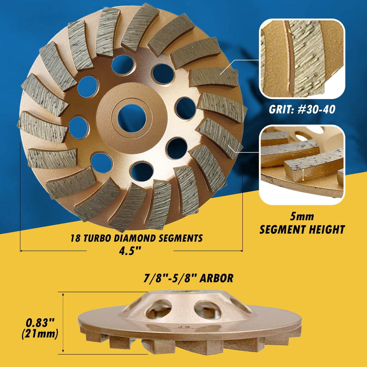 4.5" Diamond Grinding Wheel for Concrete Masonry 18 Segments 7/8"-5/8"
