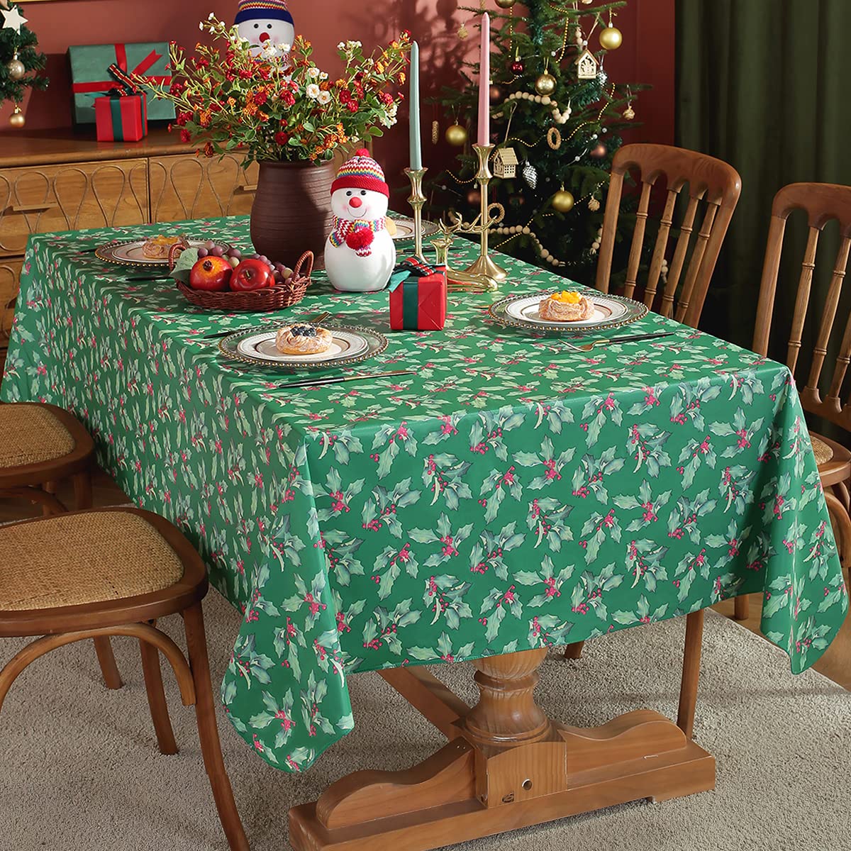 Vinyl Christmas Tablecloth Rectangle Flannel Backing, Vintage Holly & Berry Print Waterproof & Heavy Plastic Table