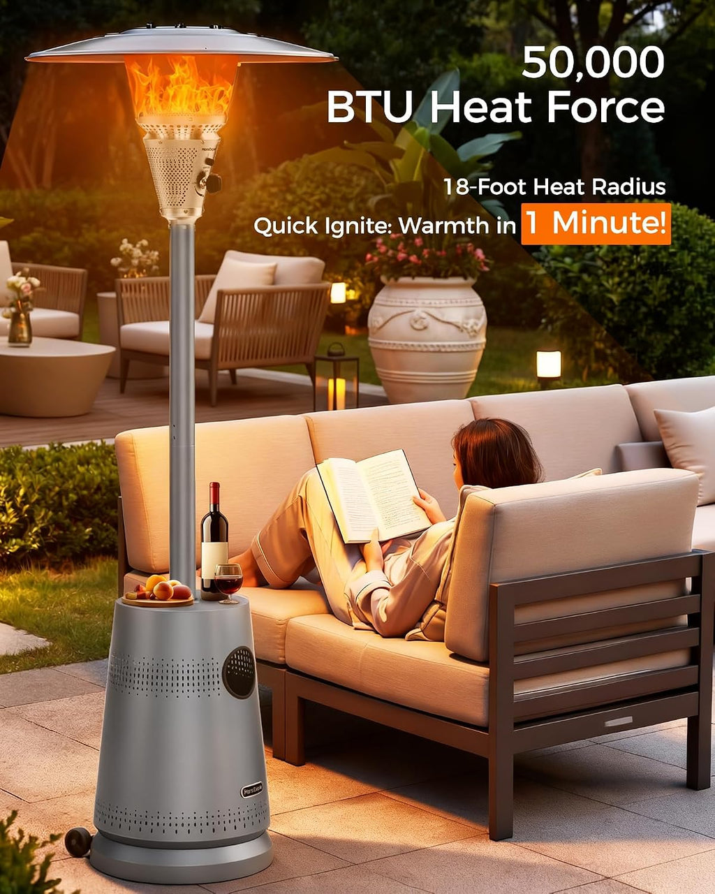 50,000 BTU Patio Heater for Outdoor Use, Portable Propane Patio Heater with Wheels, Stainless Steel Burner for Porch