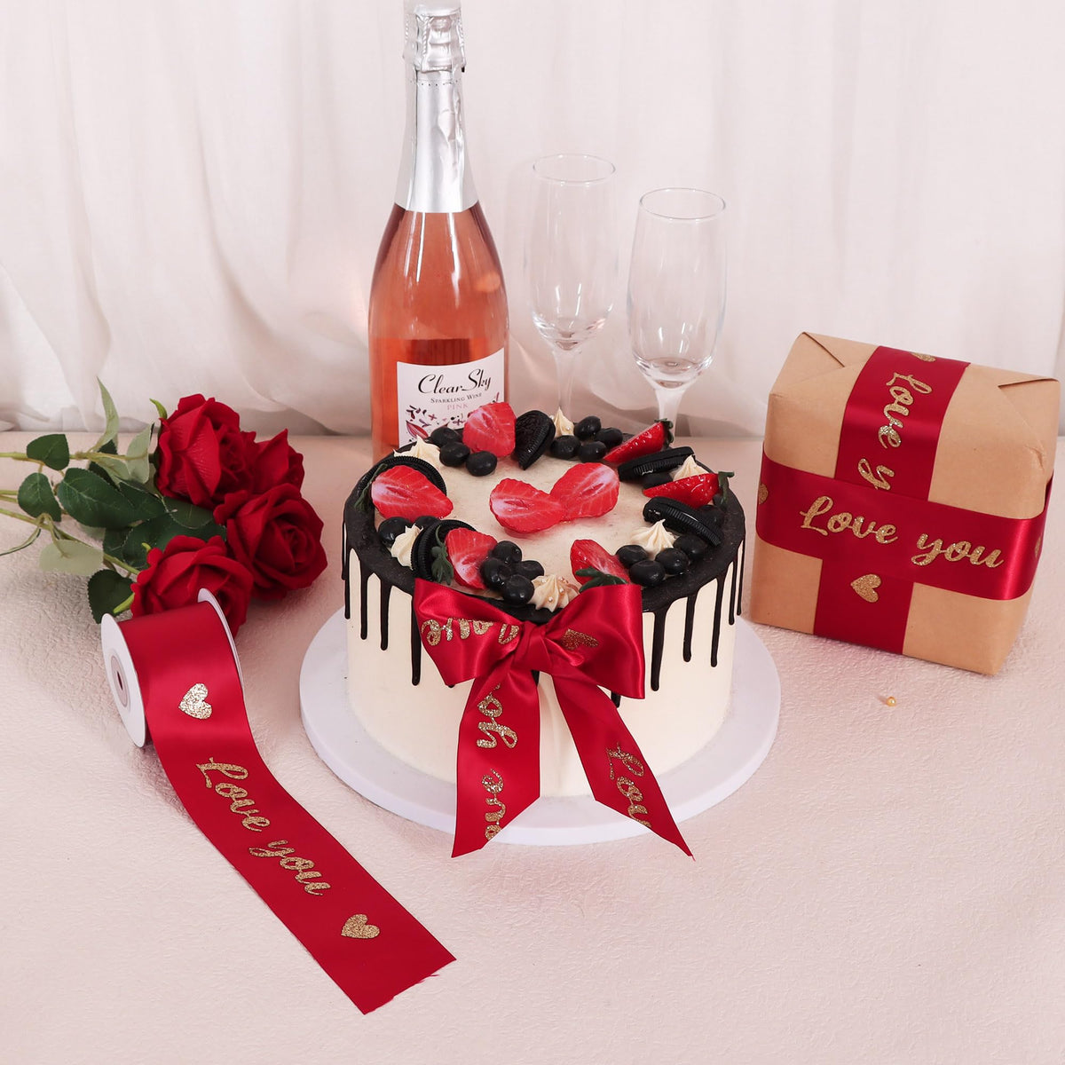 Claret Red Satin Ribbon with Glitter Love You Print - 2 Inch x 10 Yards Valentine Ribbon for Wedding, Anniversary