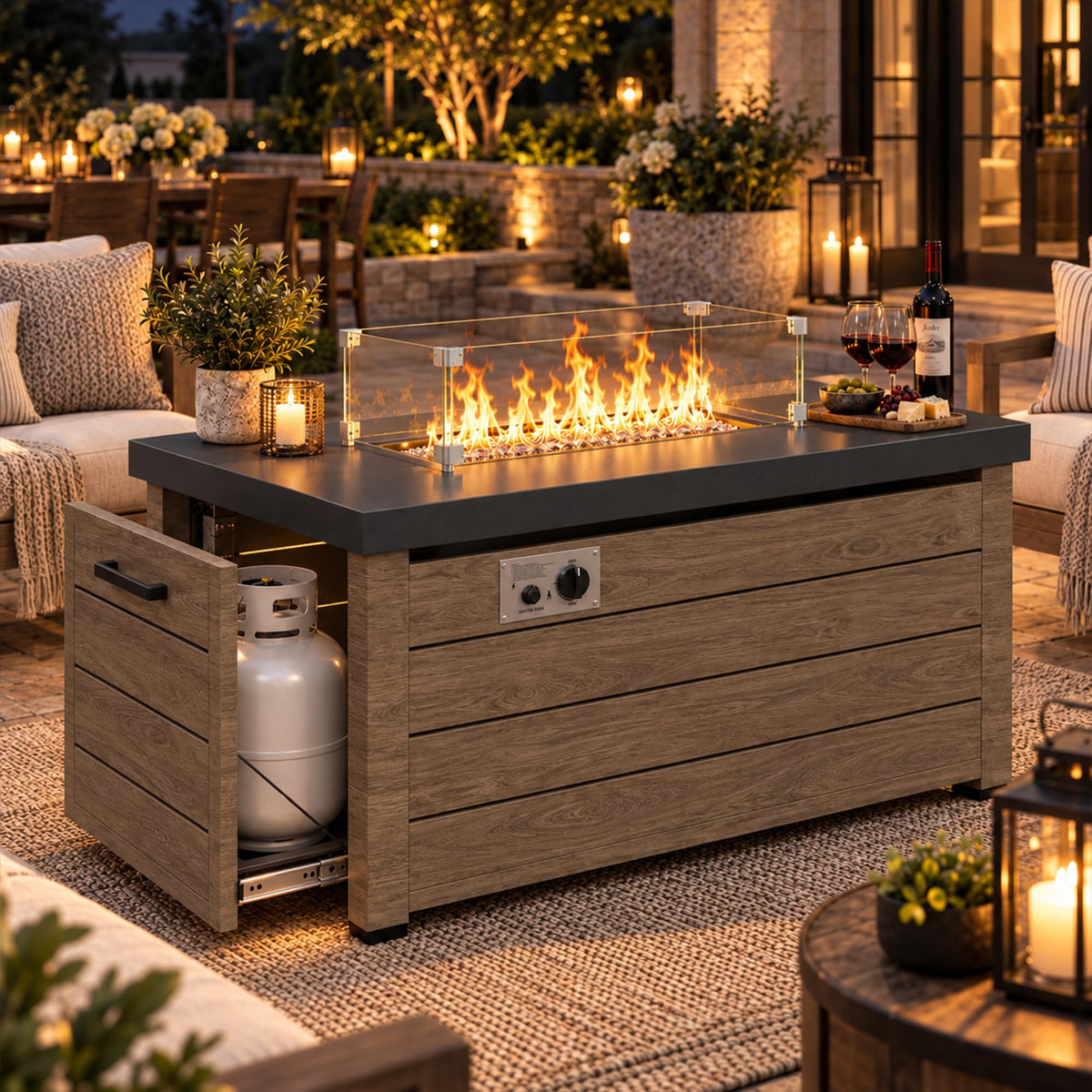 60000 BTU Outdoor Rectangular Propane Fire Pit Table, Brown, 47 in