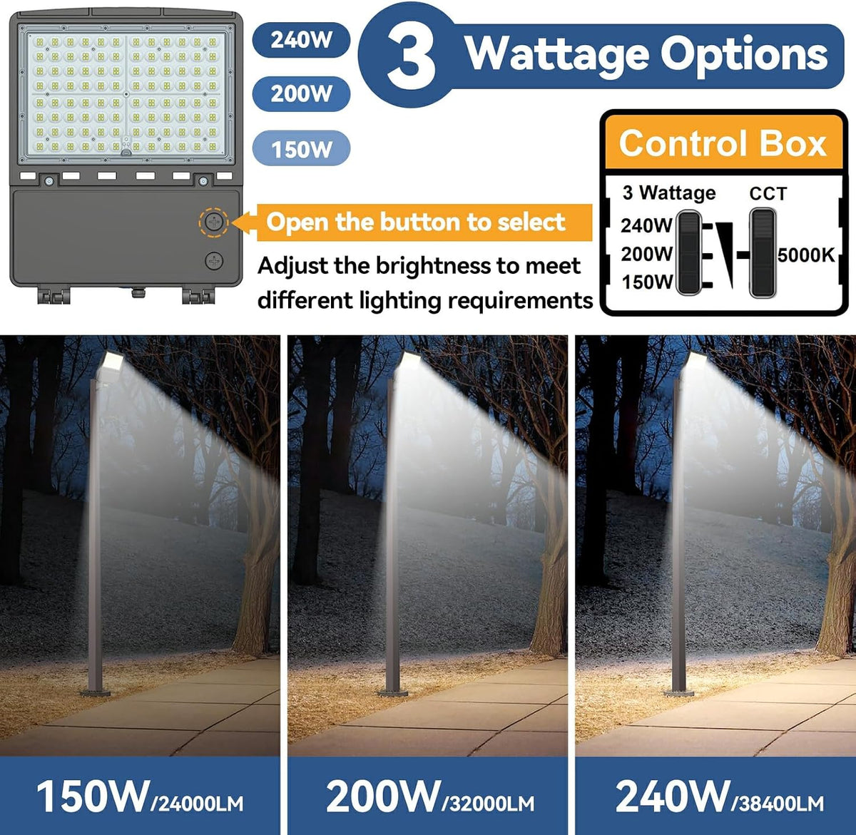 LED Parking Lot Light: 150W/200W/240W Selectable, Shoebox Light Arm Mount