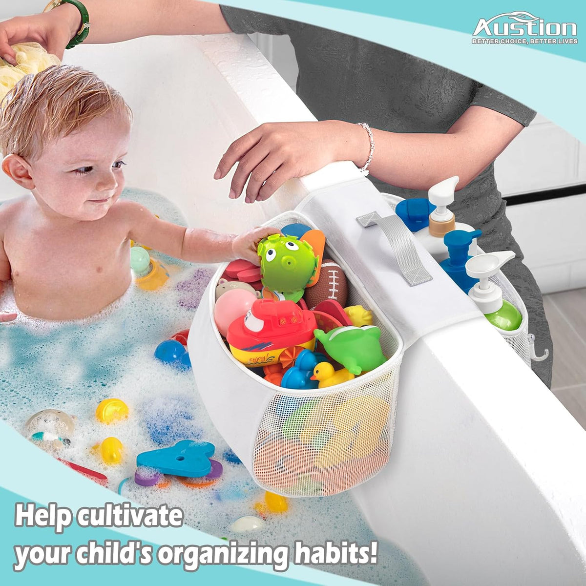 Saddle shape 2 Compartments Bath Toy Organizer, Easy Access for Children, Wide Opening Bath Toy Holder for Drying