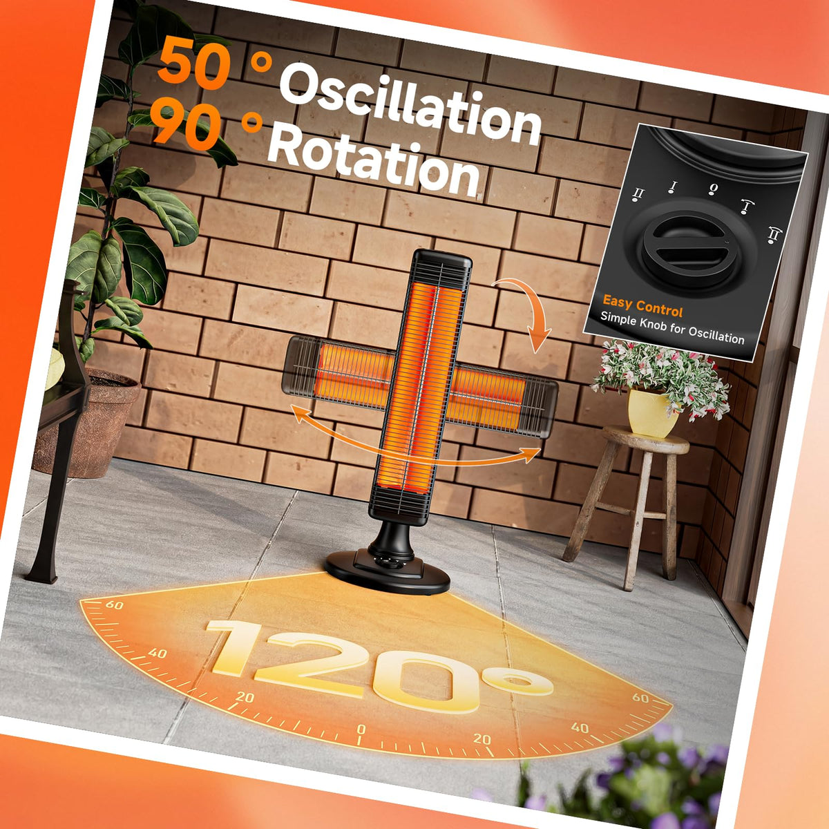 Outdoor Electric Patio Heater, 500W / 1000W Infrared Heater with Carbon Fiber Heating 90° Rotatable 50° Oscillation