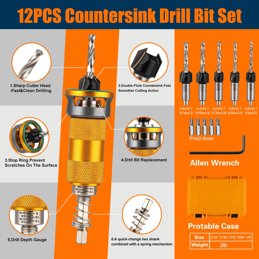 WildBossy Countersink Drill Bit Set with Depth Stop, 12PCS for Wood