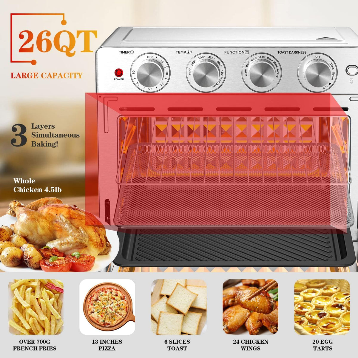 Air Fryer Toaster Oven 26 QT, Large AirFryer Convection Countertop Oven Combo with Easy Bake, Roast, Broil, Warm, 6