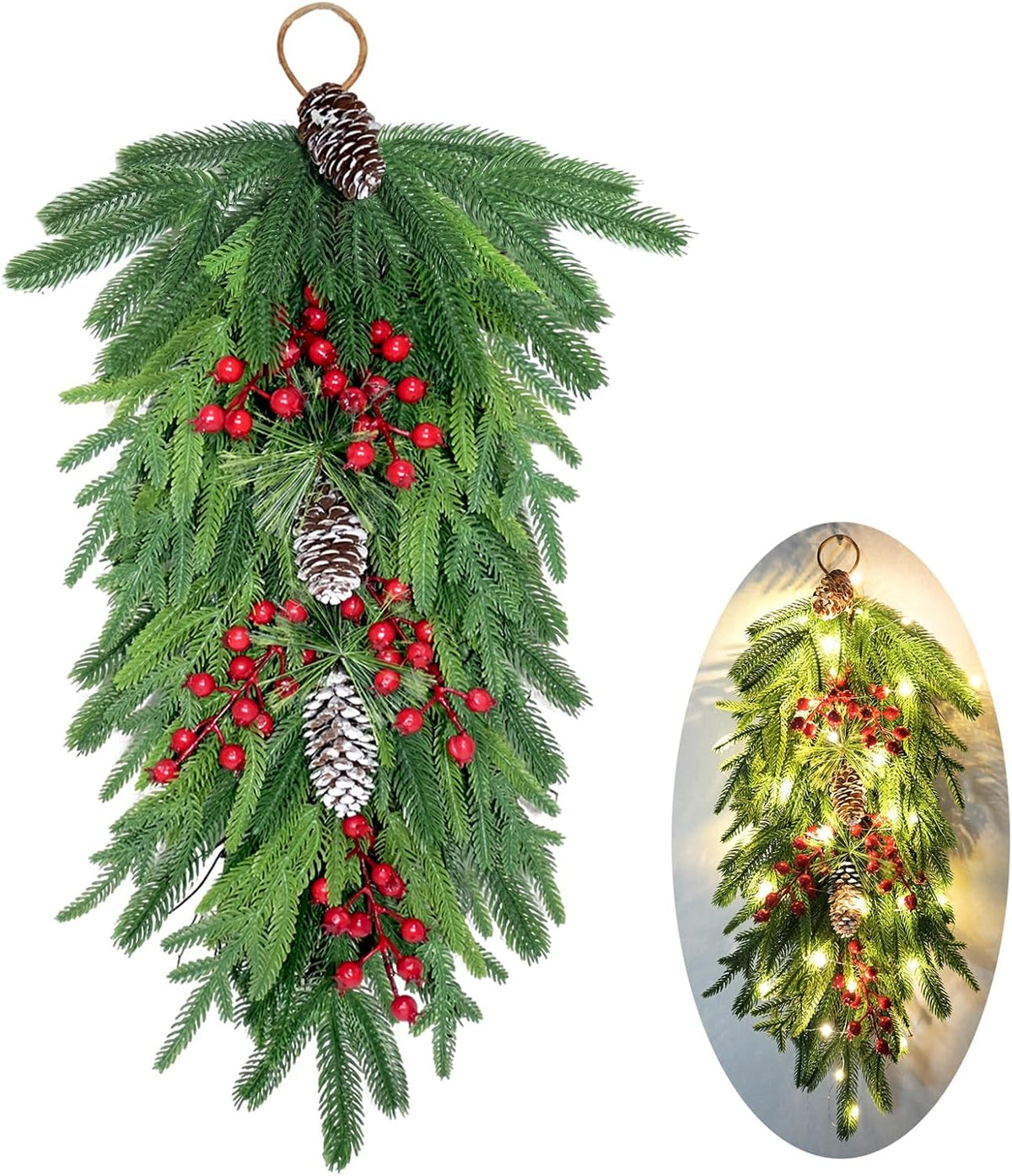 2025 Upgraded 26inch Christmas Swag with Lights Lush Norfolk Pine Teardrop Swags Christmas Wreaths with Lights