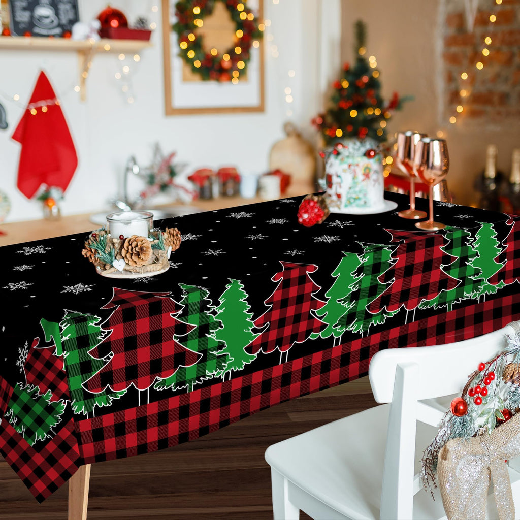 Christmas Tablecloth 60 x 84 Inch, Christmas Trees Table Cloth Rectangular, Black Buffalo Plaid Oblong Winter Xmas