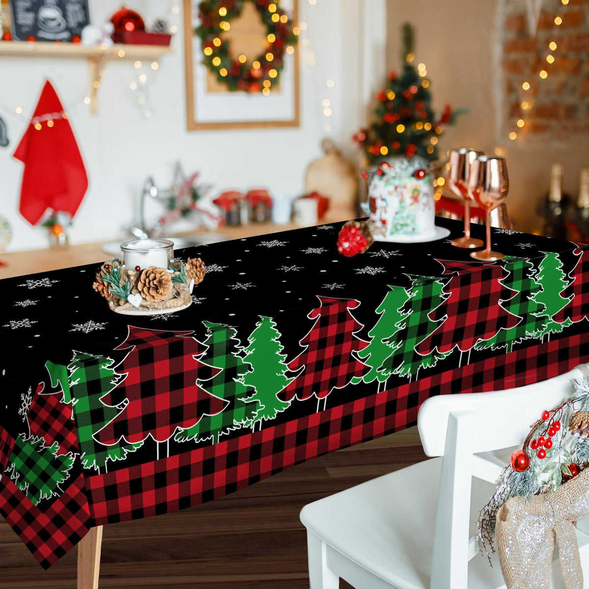 Christmas Tablecloth 60 x 84 Inch, Christmas Trees Table Cloth Rectangular, Black Buffalo Plaid Oblong Winter Xmas
