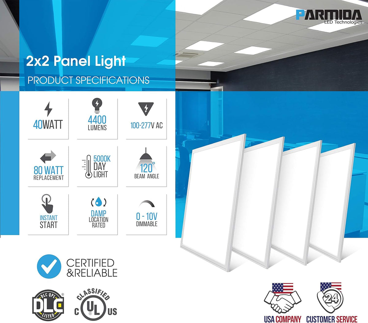 Parmida (4-Pack) LED Panel Light, 2x2, 40W (80W Replacement), 4400lm, 5000K (Day Light), Dimmable LED Troffer, Ultra Thin Edge-lit Flat Panel, UL & DLC Certified