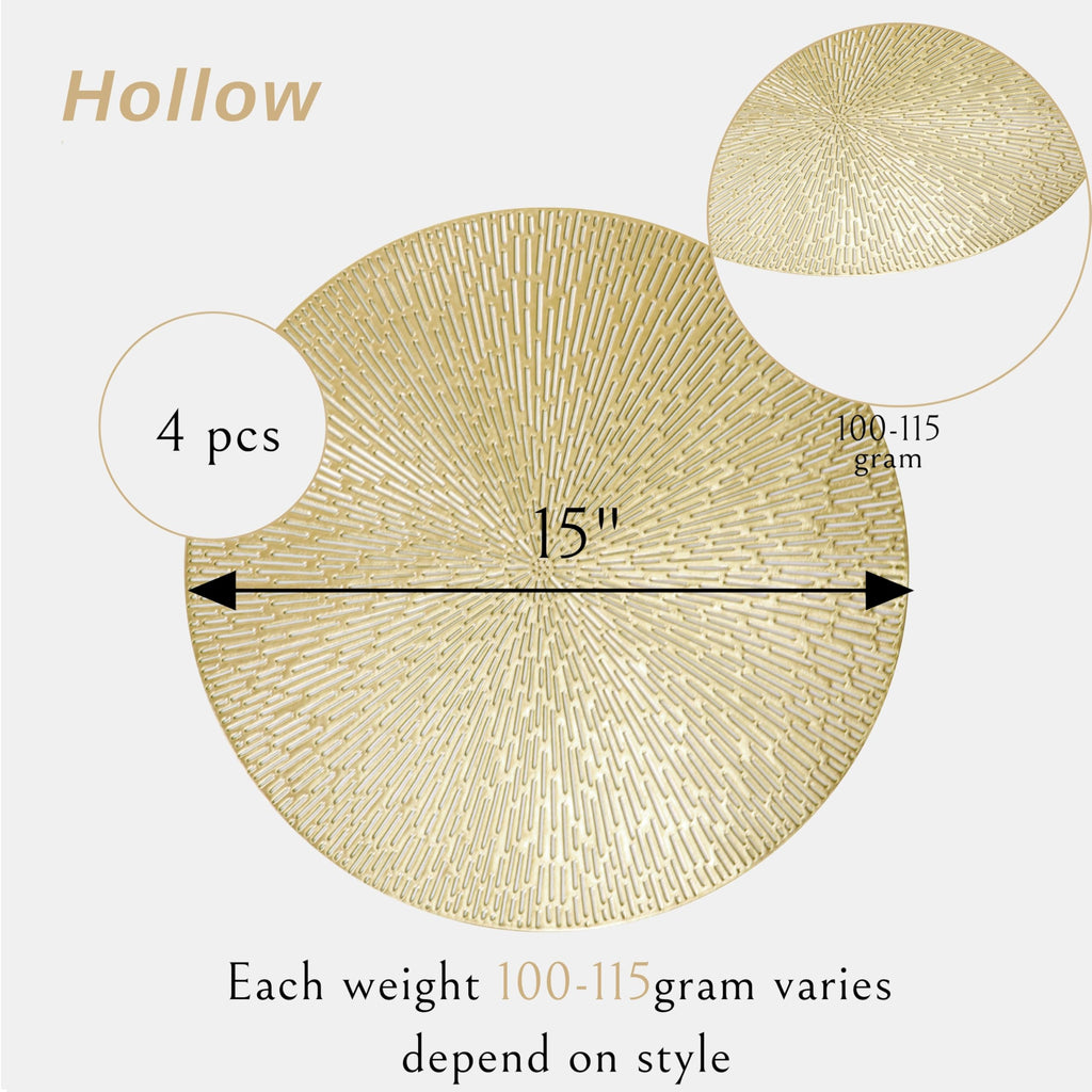 Gold Round Placemats Set of 4, Golden Vinyl Metallic Hollow 15 Inch Place mats, Washable Easy Clean Wipeable Non Slip
