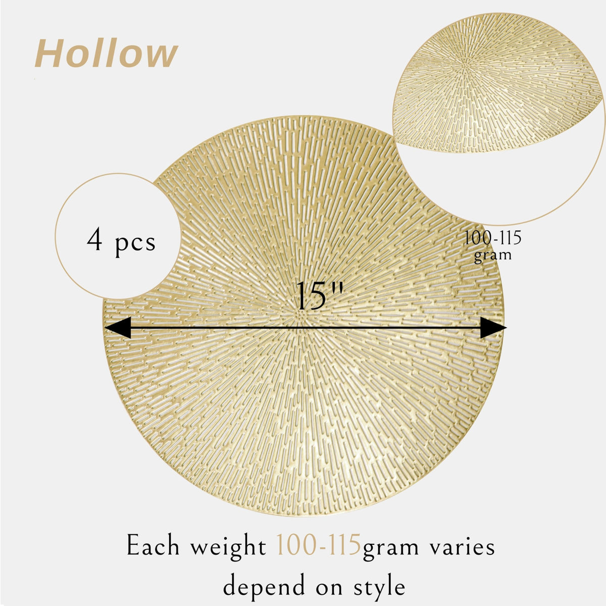Gold Round Placemats Set of 4, Golden Vinyl Metallic Hollow 15 Inch Place mats, Washable Easy Clean Wipeable Non Slip