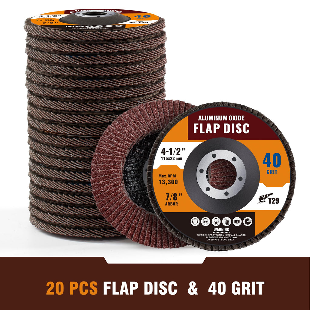 Shawya 20 Pack 40 Grit Flap Disc 4 1/2 in T29 Aluminum Oxide Grinding Wheel Disc for Metal, Wood, Stainless Steel Finishing, Angle Grinder Sanding Disc 7/8" Arbor