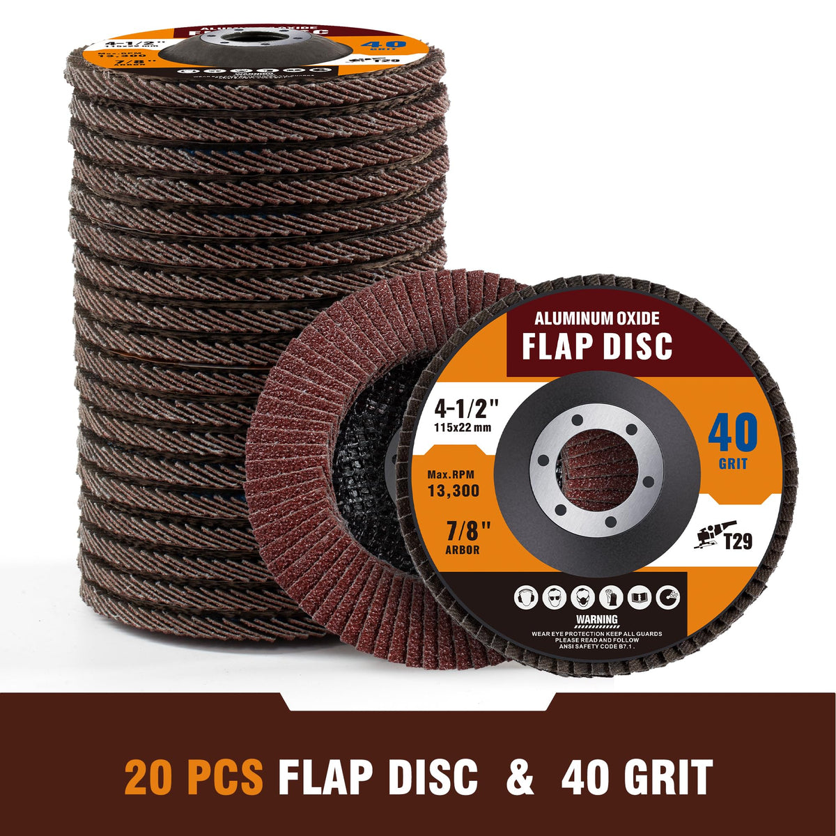 Shawya 20 Pack 40 Grit Flap Disc 4 1/2 in T29 Aluminum Oxide Grinding Wheel Disc for Metal, Wood, Stainless Steel Finishing, Angle Grinder Sanding Disc 7/8" Arbor