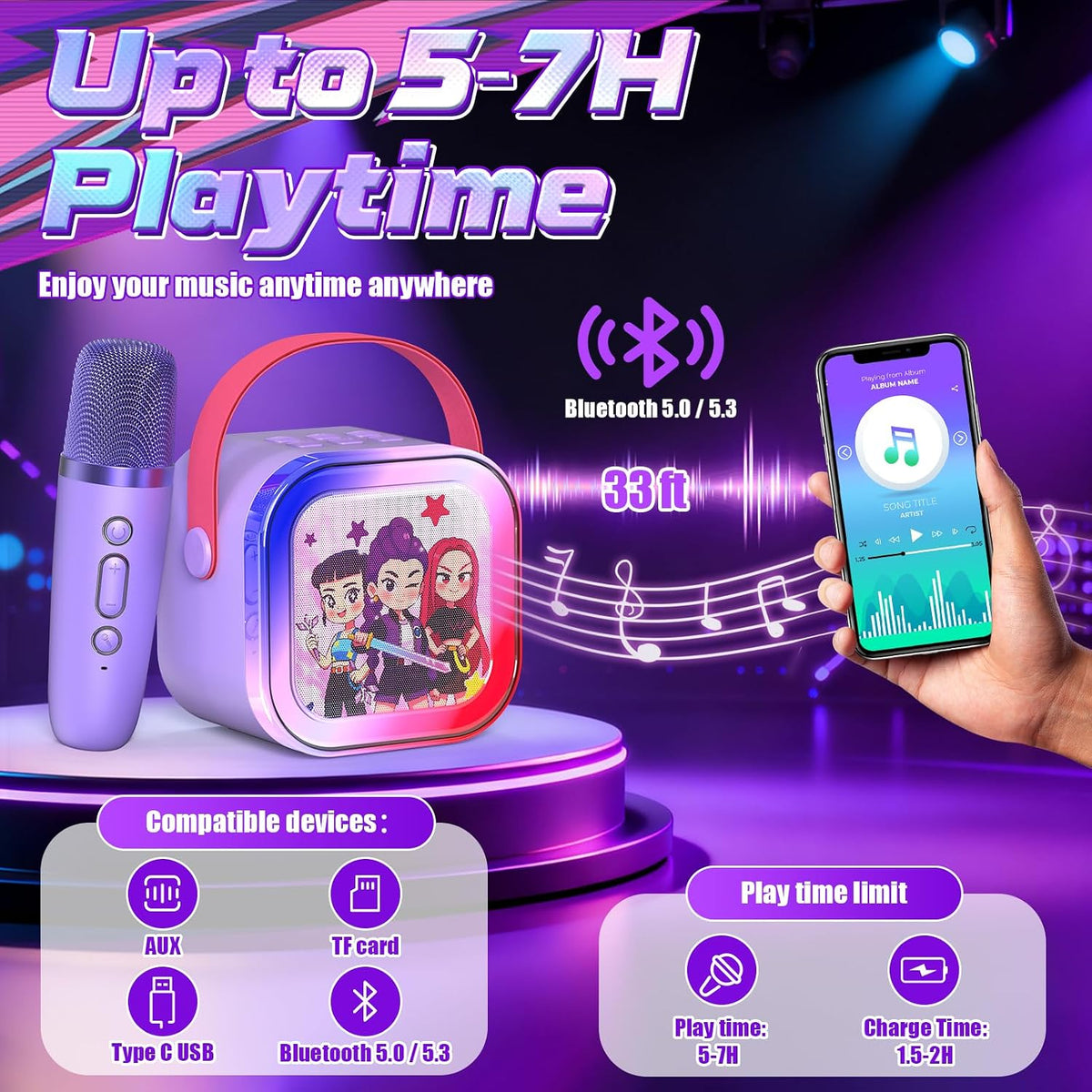 Mini Karaoke Machine for Kids,5 Voice Effects - Portable Bluetooth Speaker with 2 Wireless Mics LED Lights for Boys