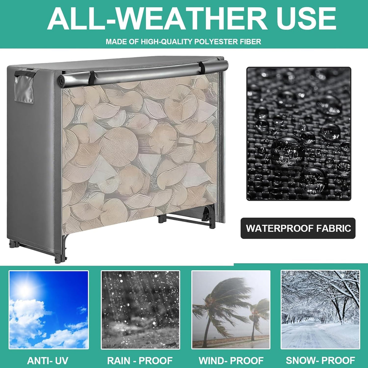 Waterproof Firewood Rack Cover, Heavy Duty 600D Oxford Log Storage Cover with Zipper, PVC Coating (Log Rack not