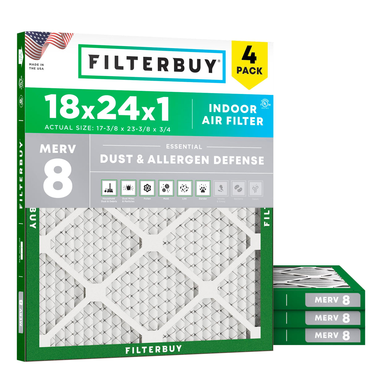 18x24x1 Air Filter MERV 8 Dust & Allergy Defense (4-Pack)