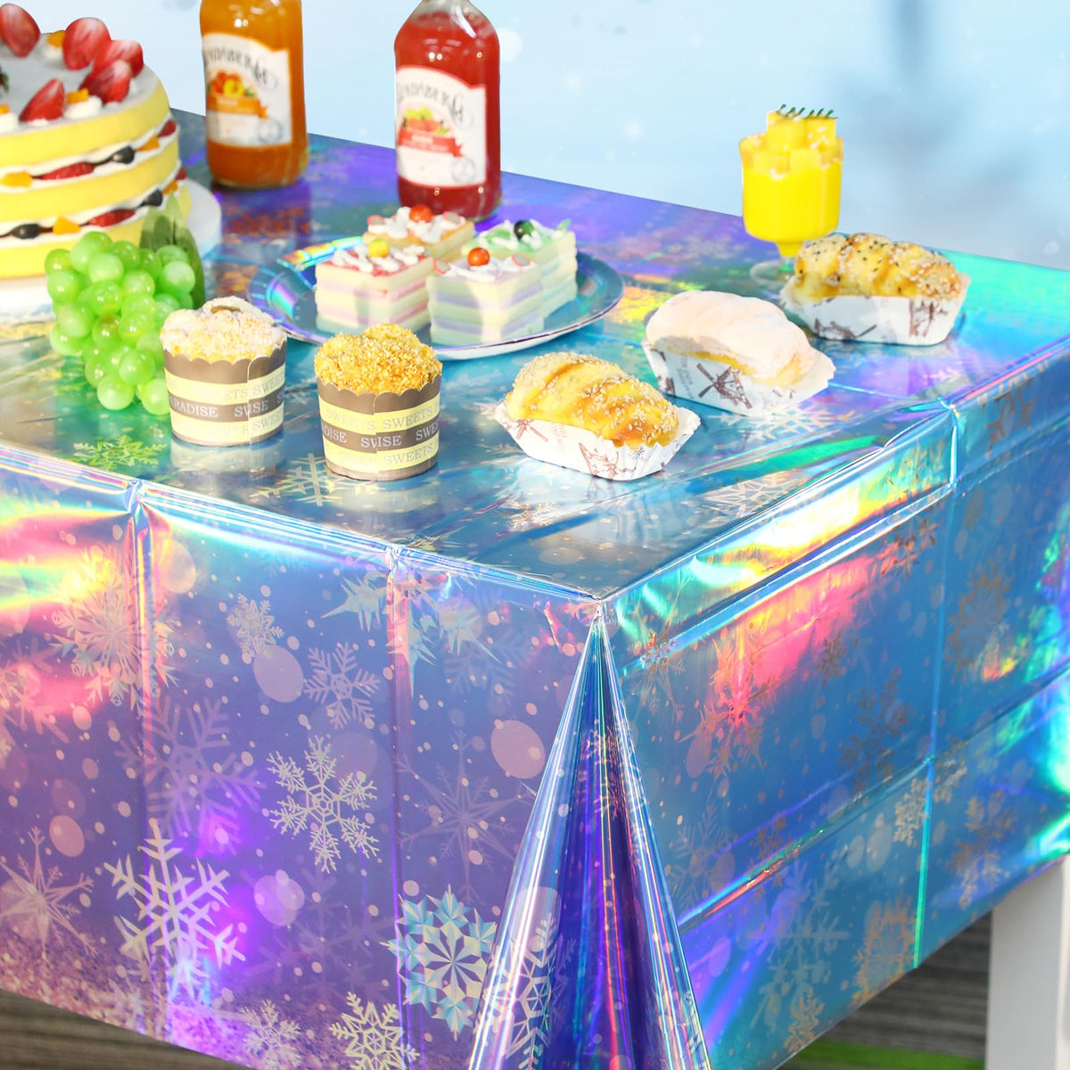 3 Pack Iridescent Winter Snowflake Plastic Tablecloth Decorations, Holographic Blue and Purple Snowflake Winter