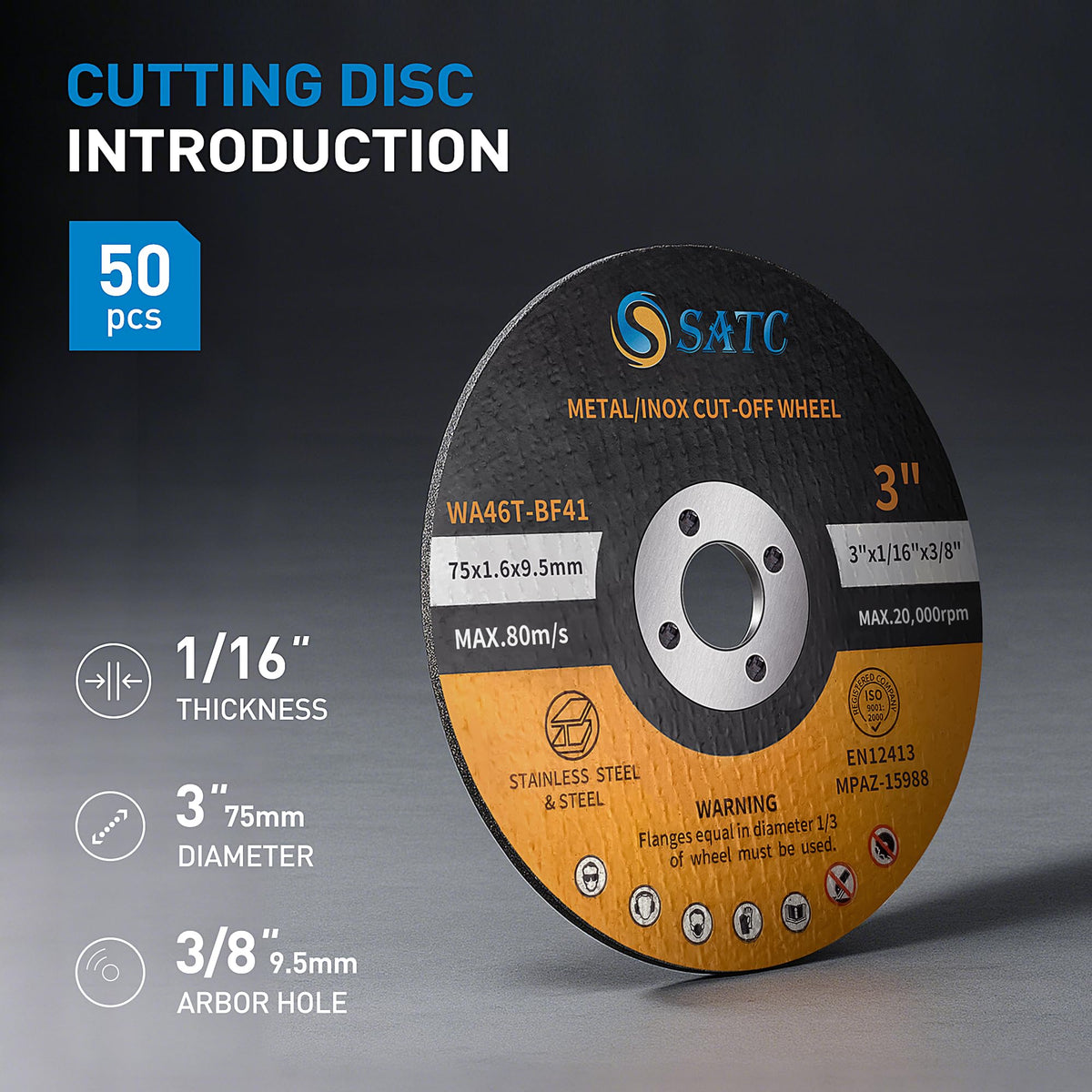 S SATC Cut Off Wheel 3" x1/16 x3/8" Aluminum Oxide Cutting Discs for Angle Grinder 50 PCS Fast Cutting Wheel