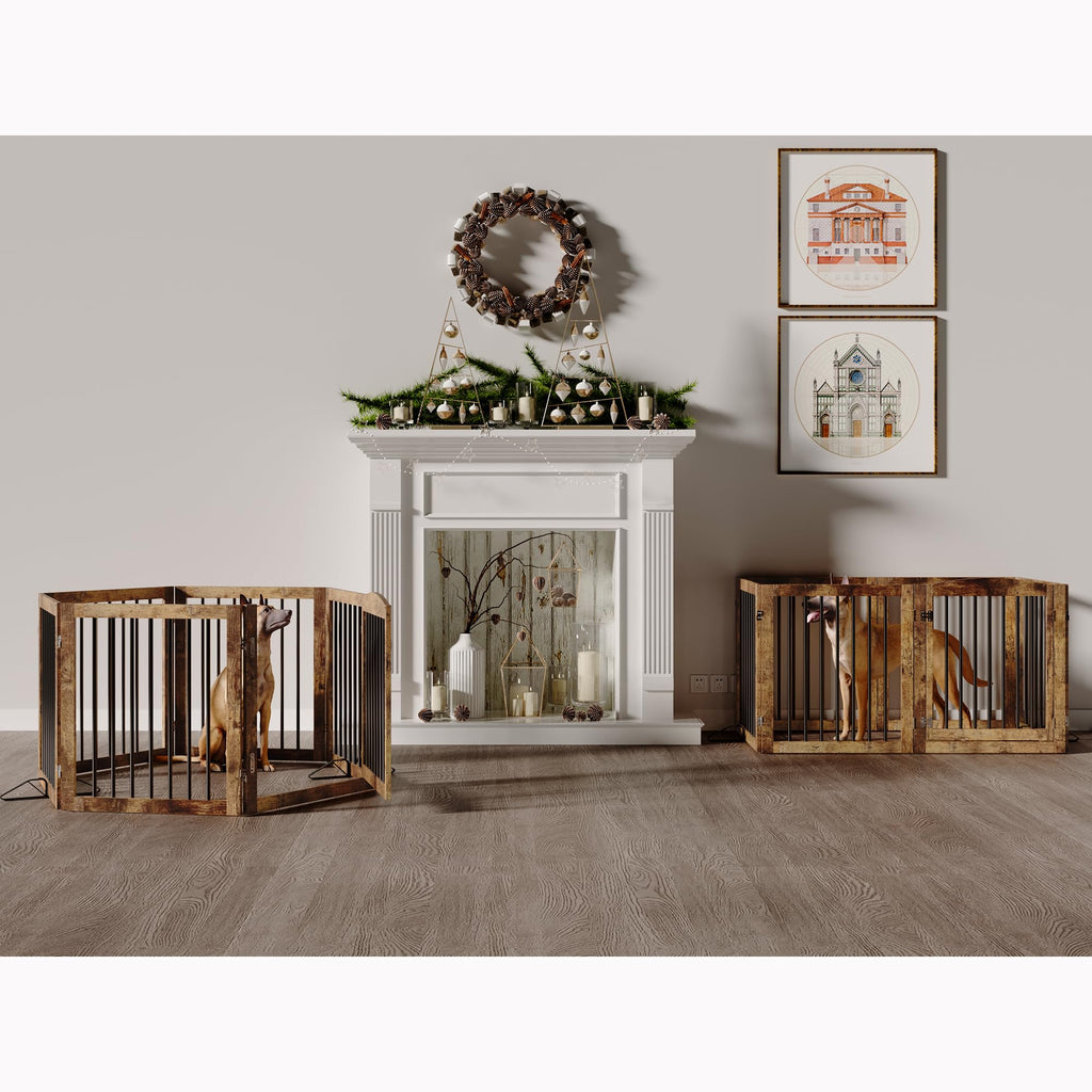 144" x 30" Freestanding Solid Wood Folding Pet & Dog Barrier Gate with Walk-Through Swing Door for Wide Indoor Openings, Hallways & Stairs — Rustic Brown