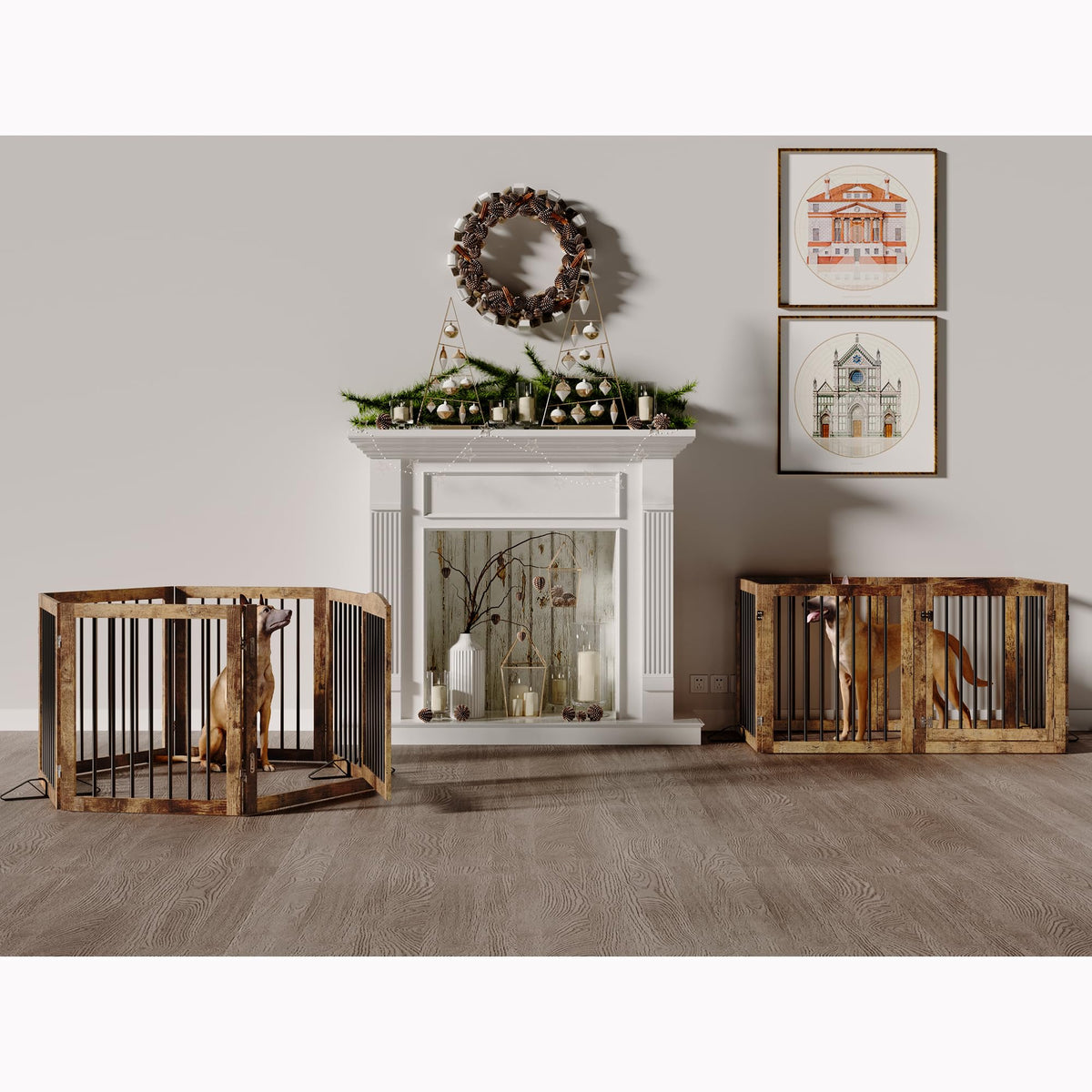 144" x 30" Freestanding Solid Wood Folding Pet & Dog Barrier Gate with Walk-Through Swing Door for Wide Indoor Openings, Hallways & Stairs — Rustic Brown