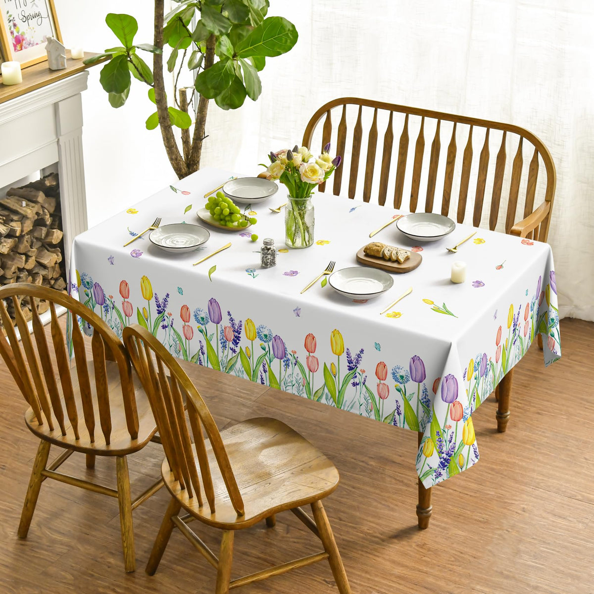 Spring Summer Tablecloth 60 x 84 Inch Rectangular Easter Tulip