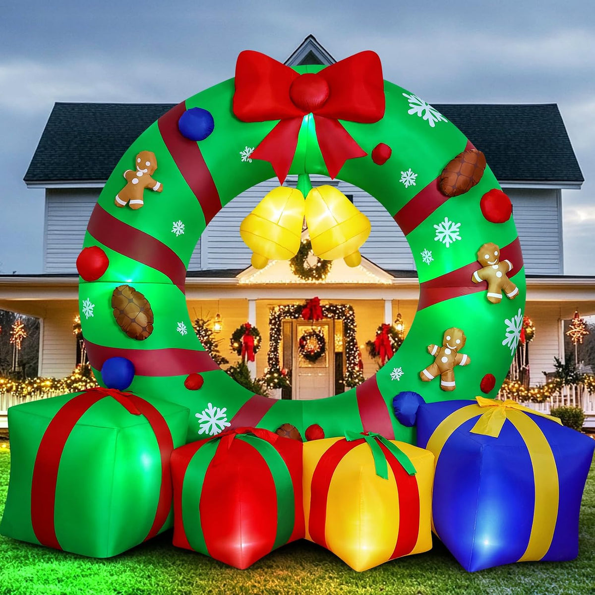 10FT Giant Inflatable Christmas Wreath Outdoor Decor Blow Up Xmas Wreath with Gift Boxes Bells LED Lights Holiday