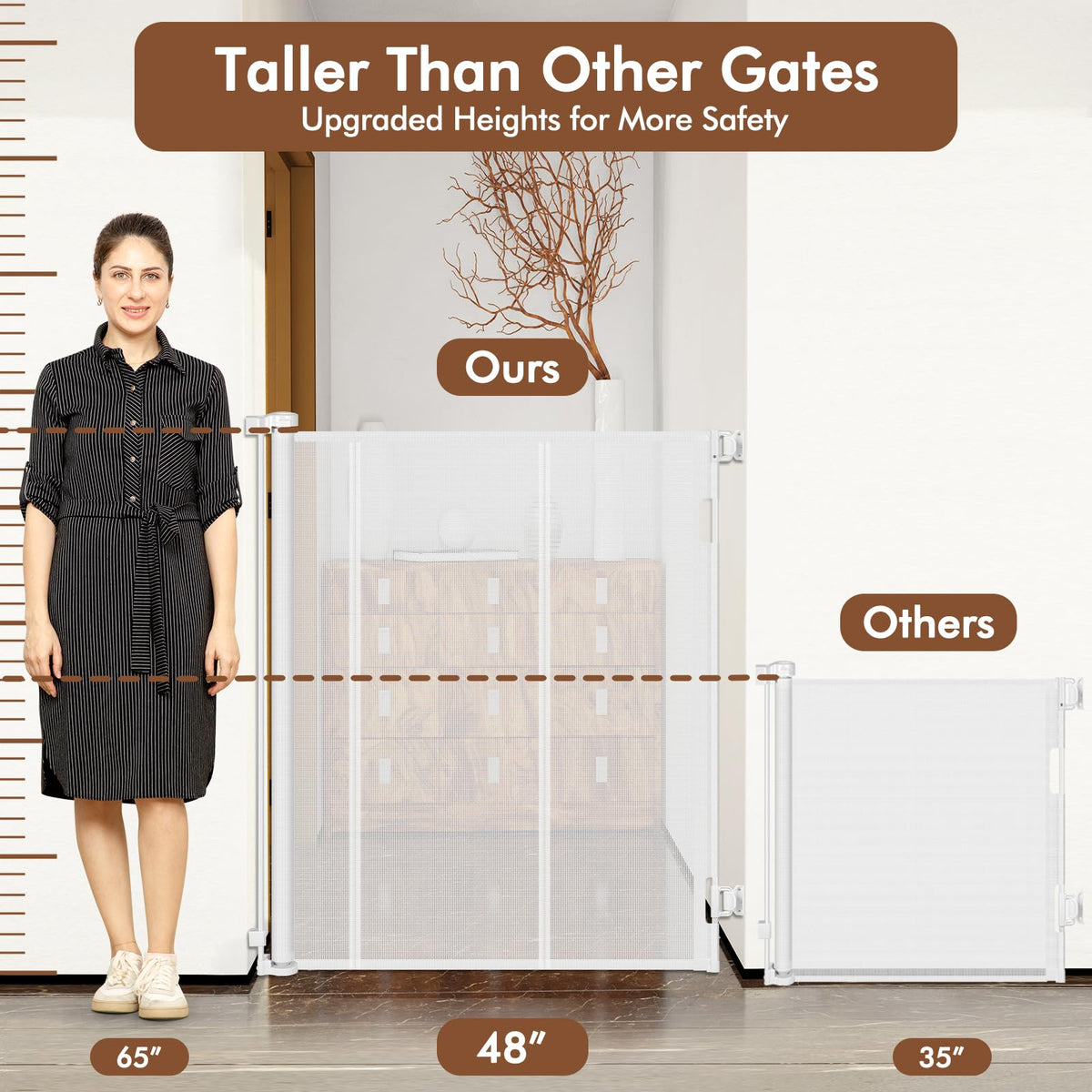 48" x 100" Extra-Wide Retractable Indoor Mesh Pet & Child Safety Gate with One-Hand Safety Lock for Wide Openings, Patios & Stairways