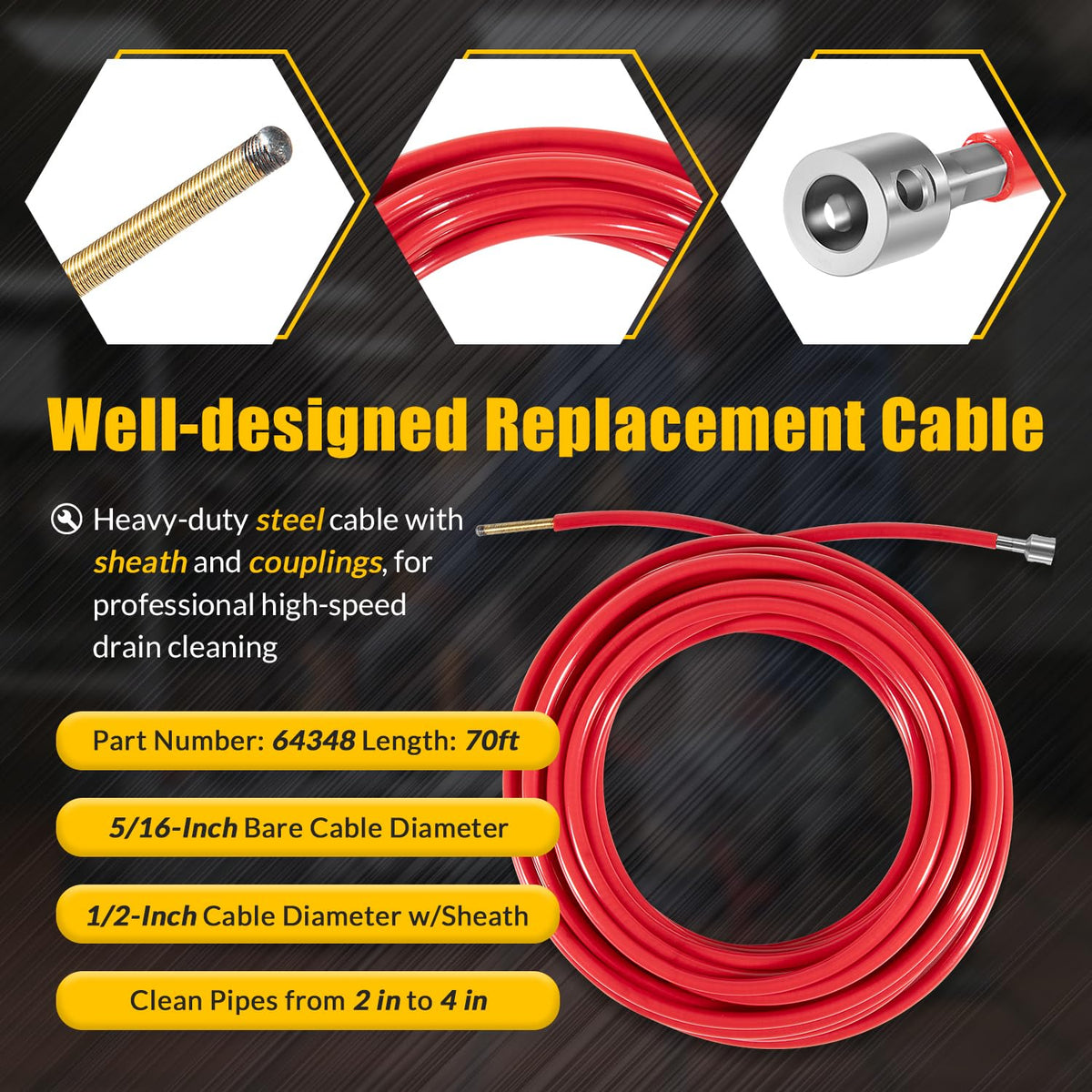 For FlexShaft Cable Assembly 64348 K9-204, 5/16" x 70 ft with Sheath and Couplings, Compatible with RIDGID K9-204 Drain Cleaning Machine for 2" to 4" Pipes