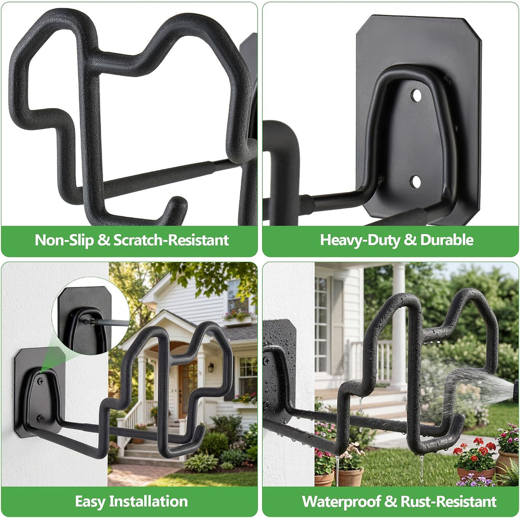 Wall Mount Hose Holder with Nozzle Slot,Rust Resistant,Matte Black | Multi-purpose heavy duty garden hose holder with