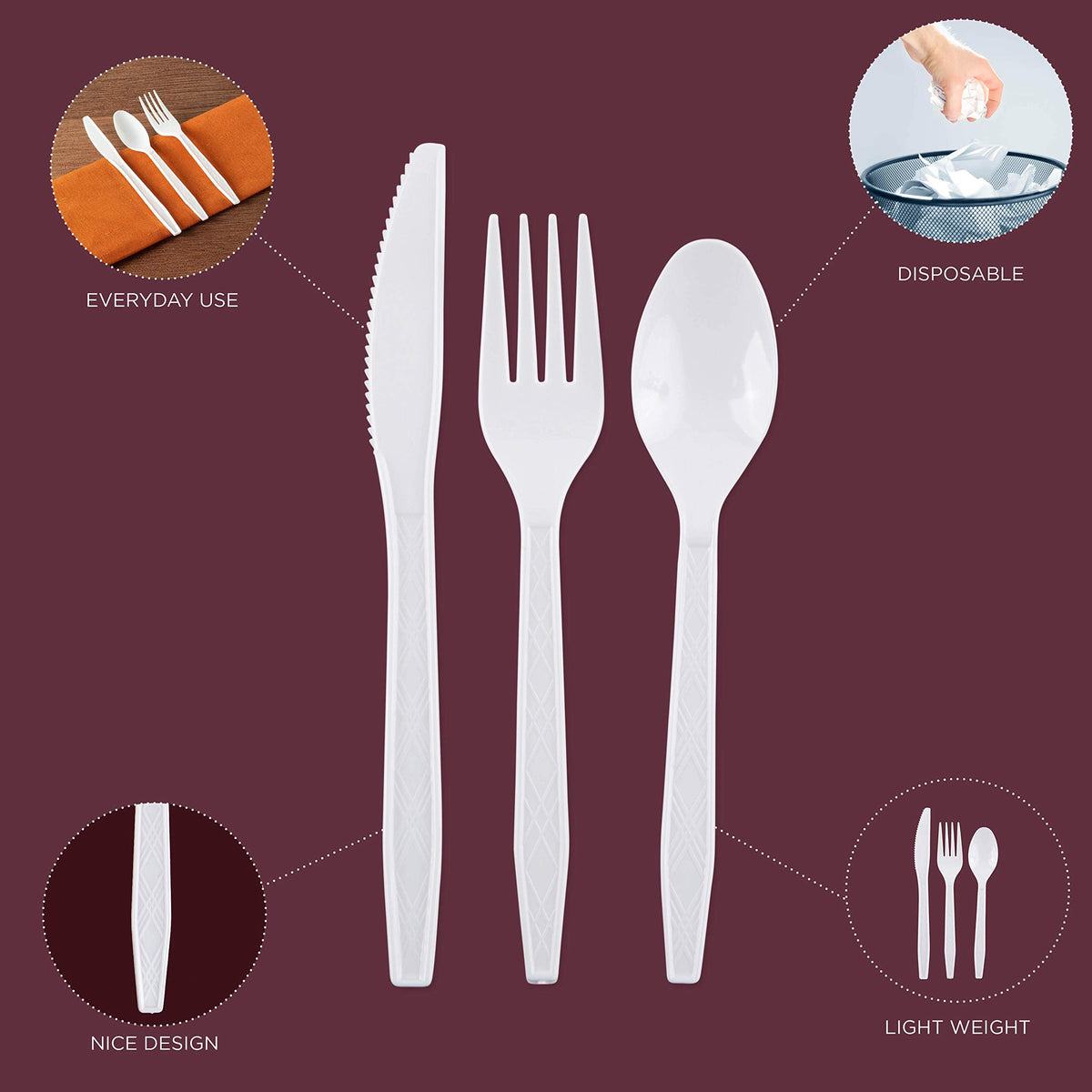 Argyle White Plastic Cutlery Set 720 -Piece – 360 Forks, 240 Spoons, 120 Knives – Heavy-Duty Disposable Utensils for
